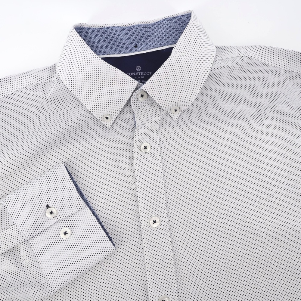 Con.Struct Slim Fit 4-Way Stretch Dot Dress Shirt White Long‎ Sleeve Mens Large